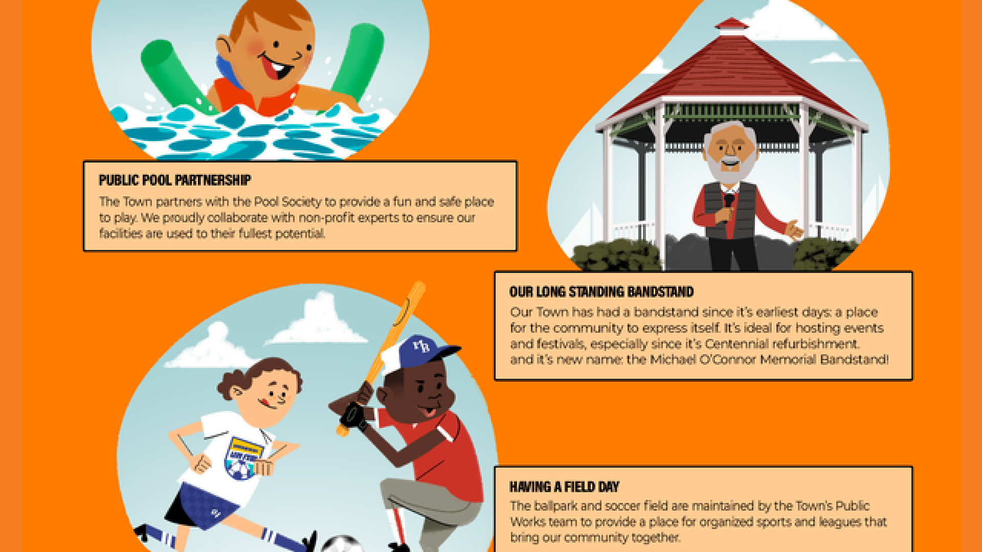 Image of poster with the words Have a ball in our playgrounds, parks and pool!. Click on the image to be taken to a pdf version of the poster.