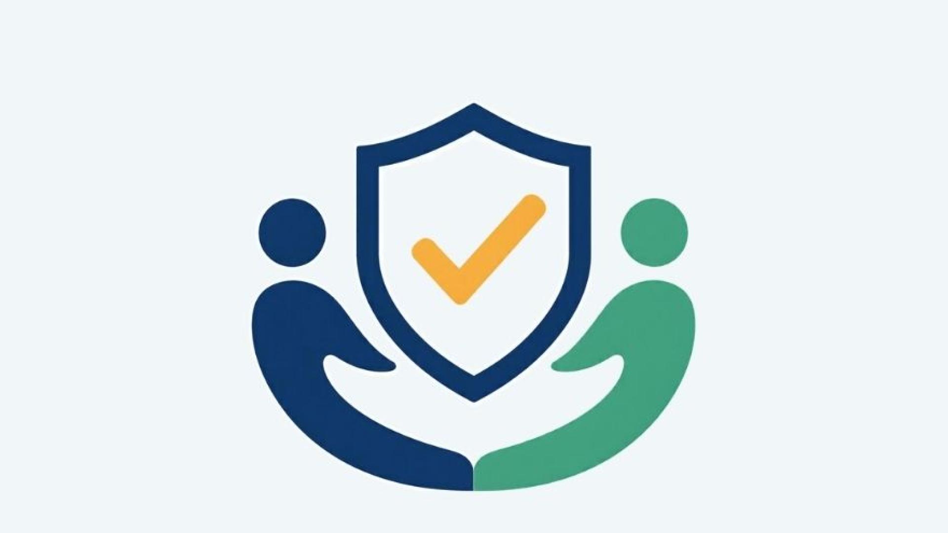 Two people with a shield and a checkmark