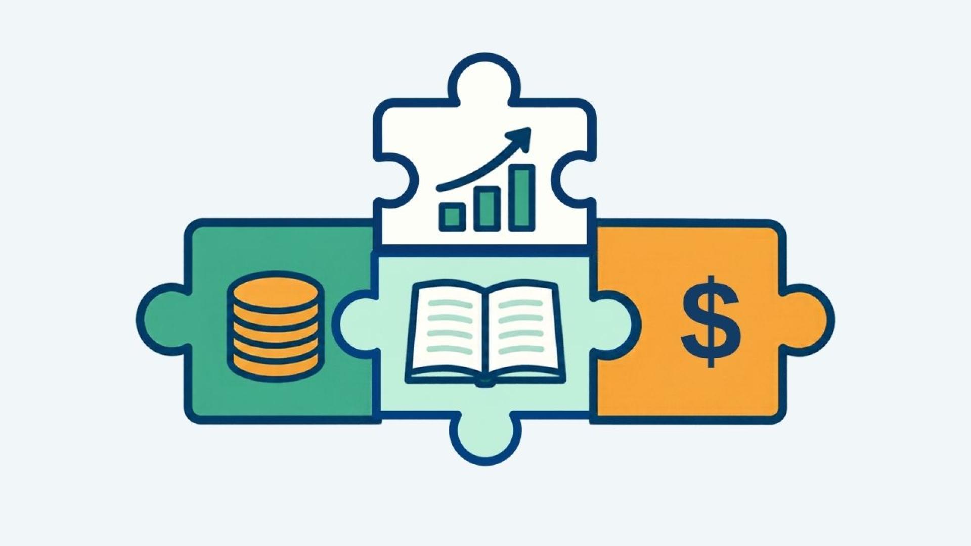 Jigsaw pieces with finance symbols graphic