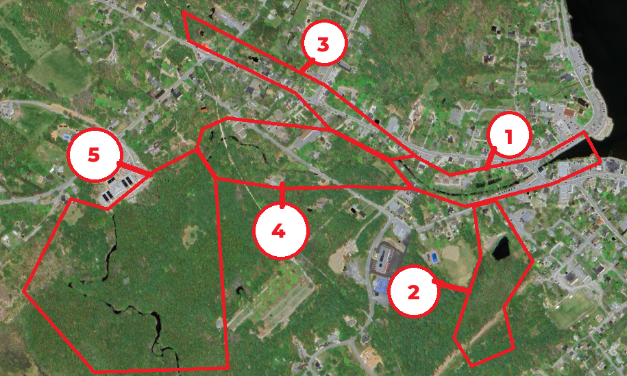 Satellite map with red-outlined zones and numbered markers.