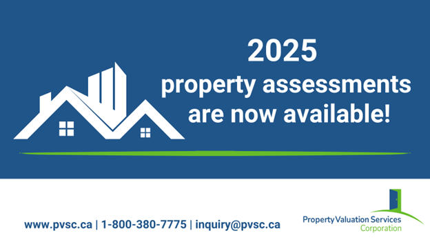 2025 property assessments now available; logo featuring buildings and house roof.