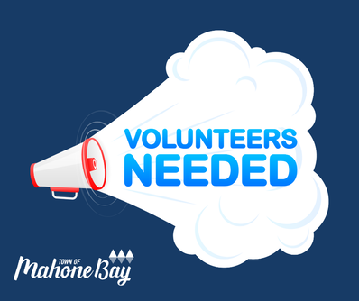 Megaphone with "Volunteers Needed" text, Mahone Bay logo below.